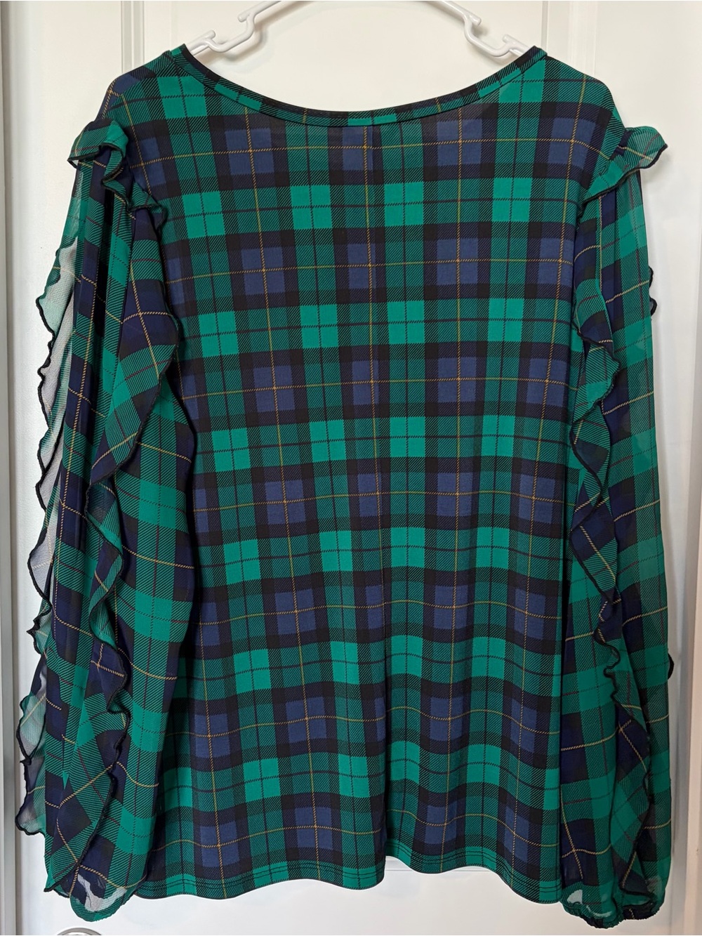 Cato Green and Navy Plaid Ruffle-Sleeve Blouse
Size XL